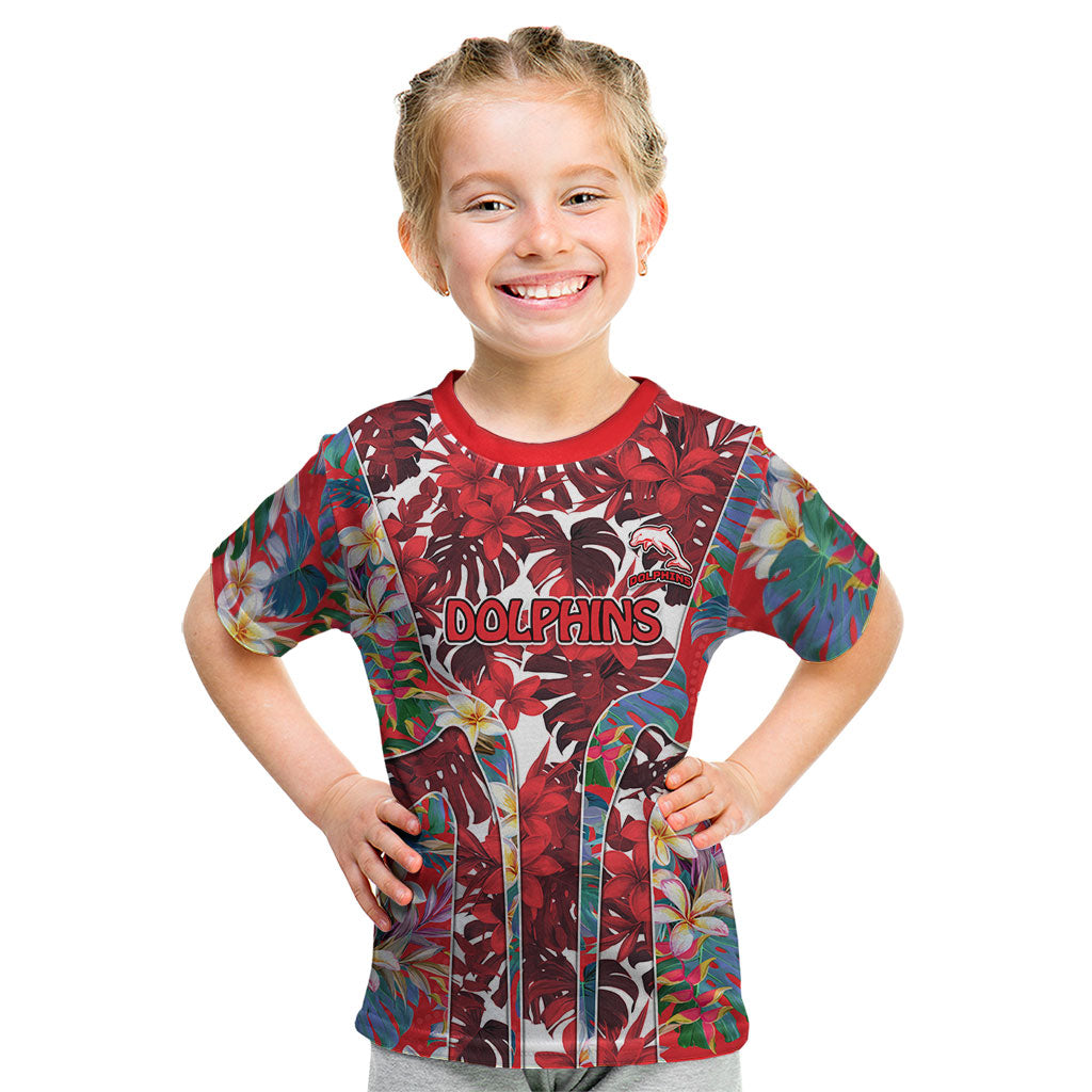 Dolphins Kid T Shirt Tropical Hibiscus Floral Pattern With Red And White Accents