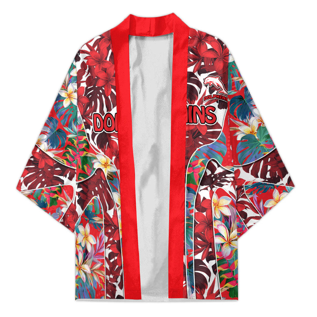 Dolphins Kimono Tropical Hibiscus Floral Pattern With Red And White Accents