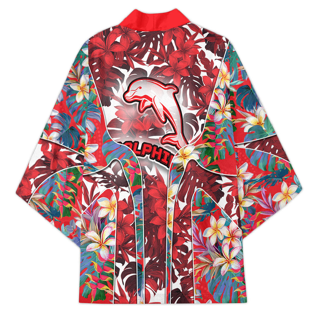 Dolphins Kimono Tropical Hibiscus Floral Pattern With Red And White Accents