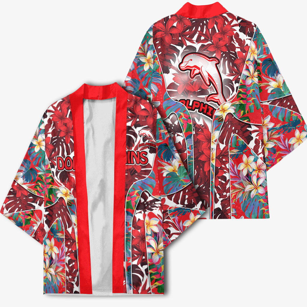 Dolphins Kimono Tropical Hibiscus Floral Pattern With Red And White Accents