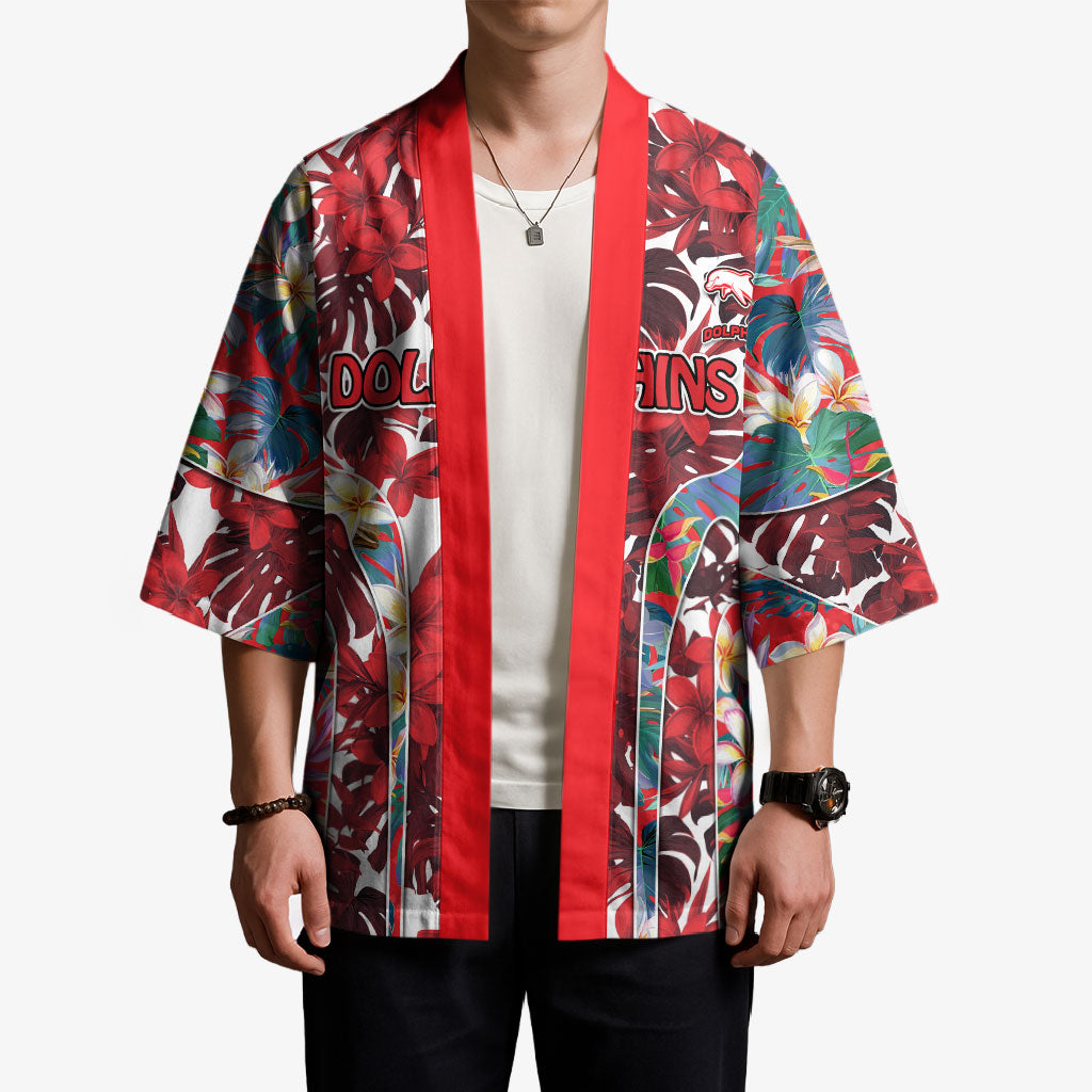 Dolphins Kimono Tropical Hibiscus Floral Pattern With Red And White Accents