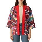 Dolphins Kimono Tropical Hibiscus Floral Pattern With Red And White Accents