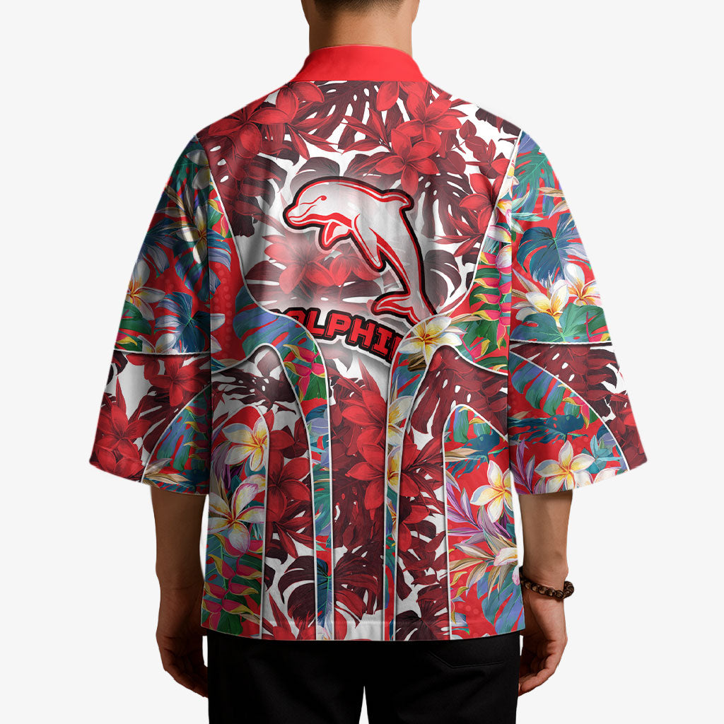 Dolphins Kimono Tropical Hibiscus Floral Pattern With Red And White Accents