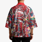 Dolphins Kimono Tropical Hibiscus Floral Pattern With Red And White Accents