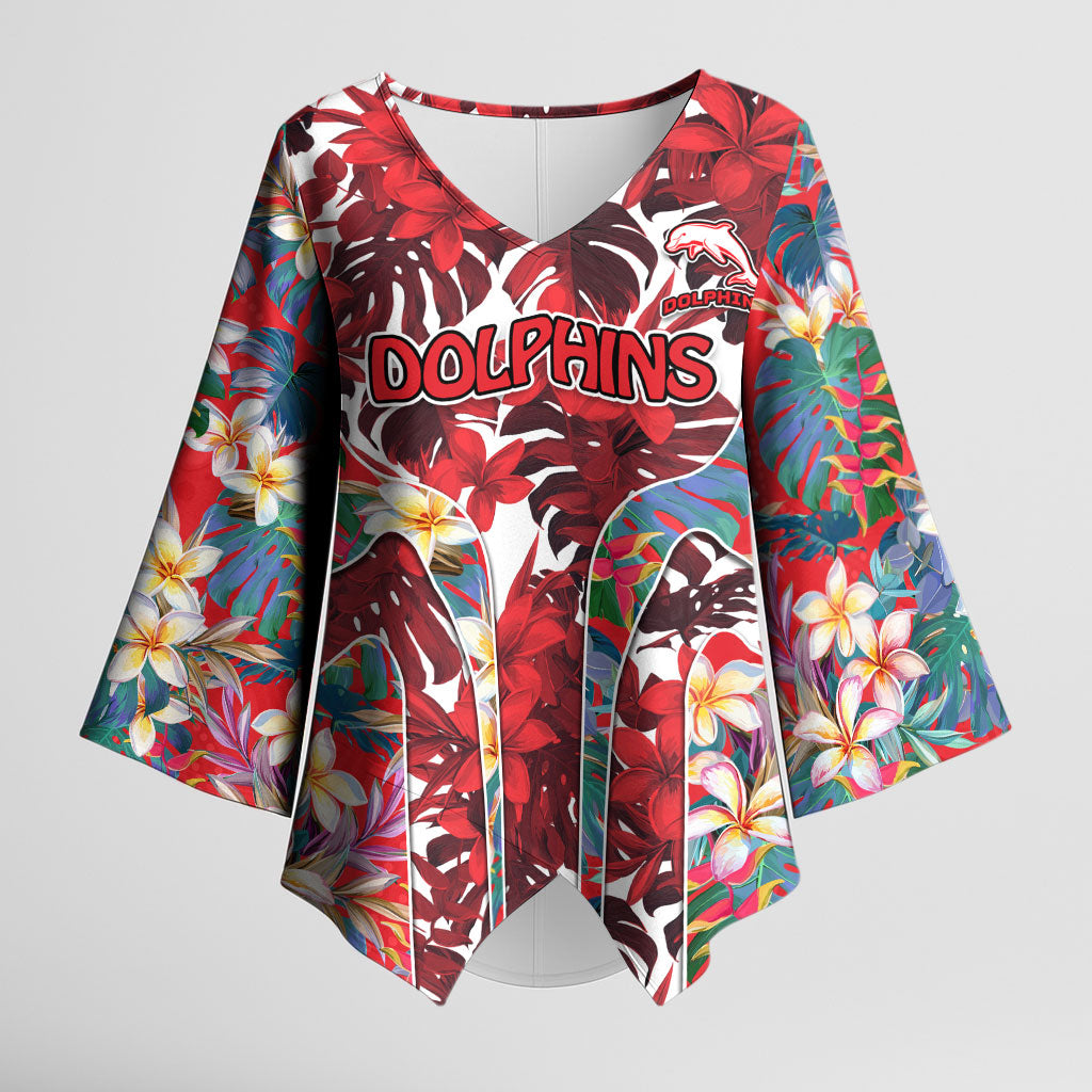Dolphins Kimono Sleeve Blouse Tropical Hibiscus Floral Pattern With Red And White Accents