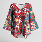 Dolphins Kimono Sleeve Blouse Tropical Hibiscus Floral Pattern With Red And White Accents