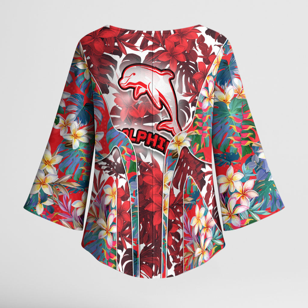 Dolphins Kimono Sleeve Blouse Tropical Hibiscus Floral Pattern With Red And White Accents