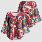 Dolphins Kimono Sleeve Blouse Tropical Hibiscus Floral Pattern With Red And White Accents