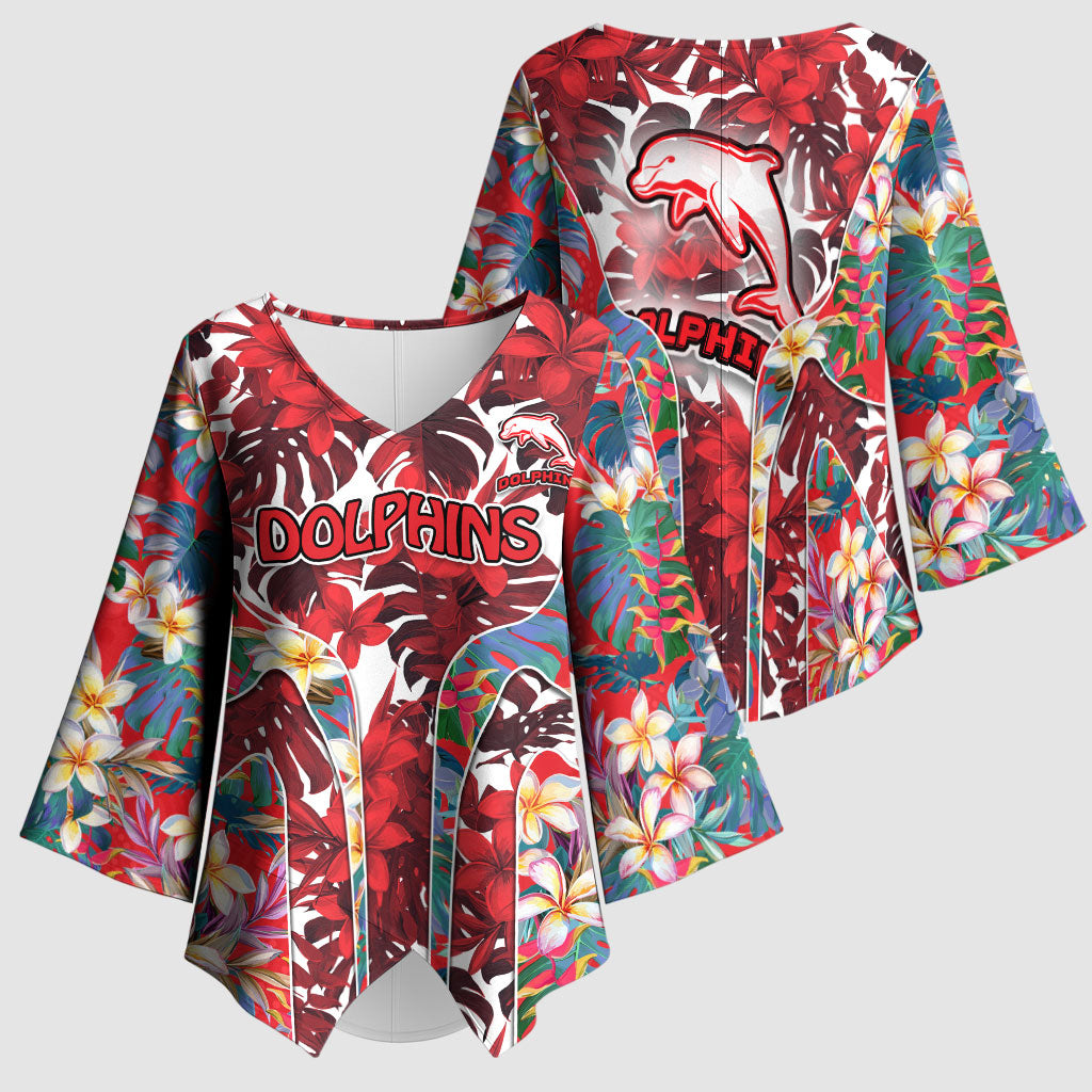 Dolphins Kimono Sleeve Blouse Tropical Hibiscus Floral Pattern With Red And White Accents