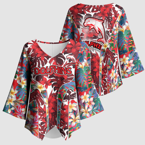 Dolphins Kimono Sleeve Blouse Tropical Hibiscus Floral Pattern With Red And White Accents