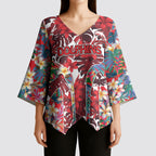 Dolphins Kimono Sleeve Blouse Tropical Hibiscus Floral Pattern With Red And White Accents