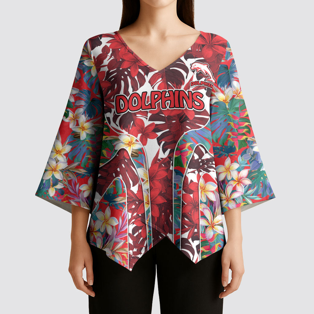 Dolphins Kimono Sleeve Blouse Tropical Hibiscus Floral Pattern With Red And White Accents