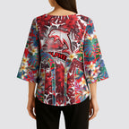 Dolphins Kimono Sleeve Blouse Tropical Hibiscus Floral Pattern With Red And White Accents
