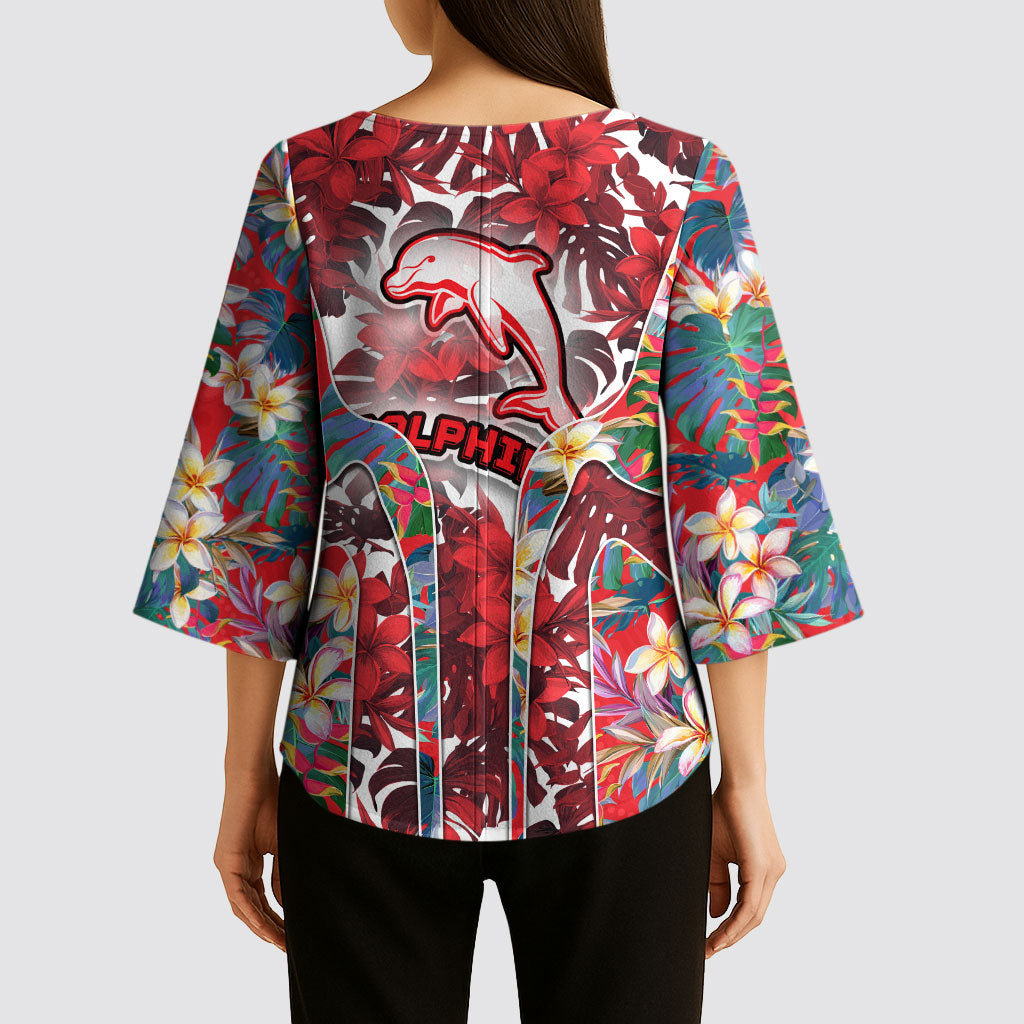 Dolphins Kimono Sleeve Blouse Tropical Hibiscus Floral Pattern With Red And White Accents