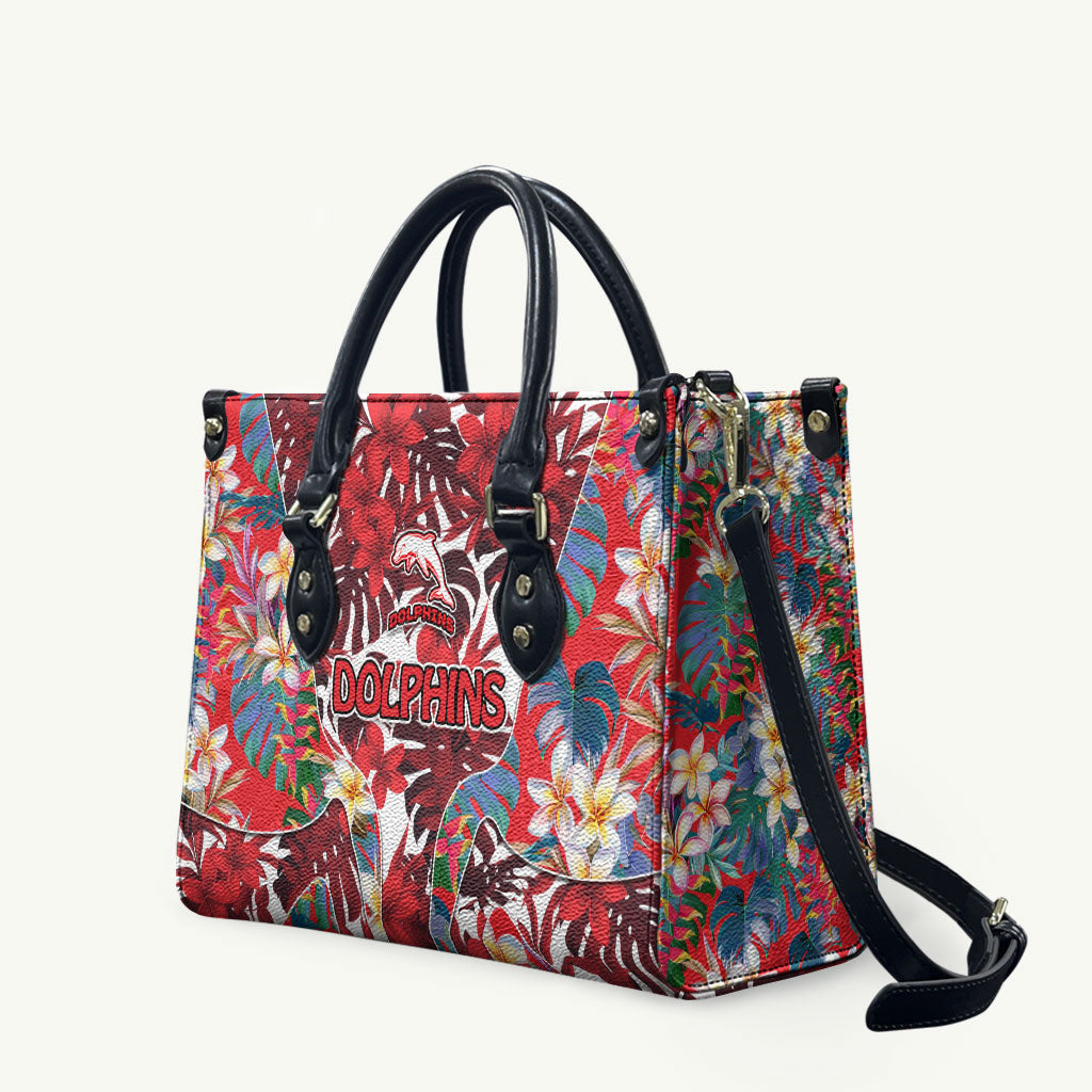 Dolphins Leather Bag Tropical Hibiscus Floral Pattern With Red And White Accents