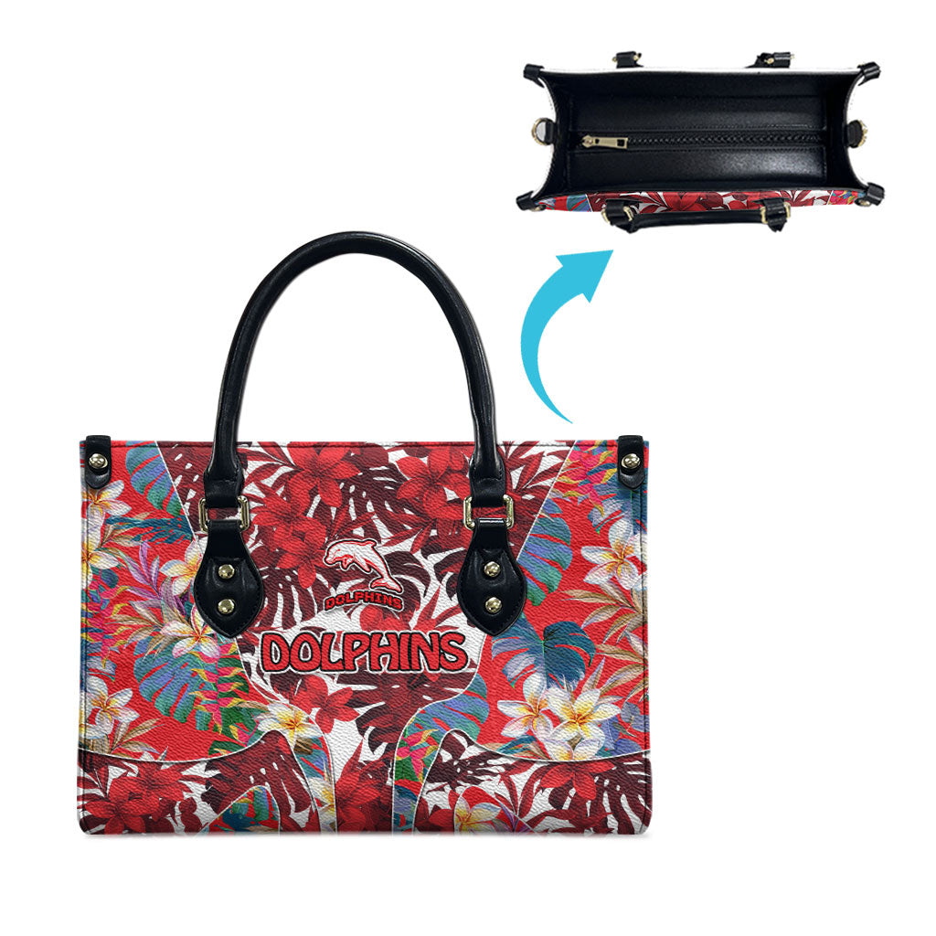 Dolphins Leather Bag Tropical Hibiscus Floral Pattern With Red And White Accents