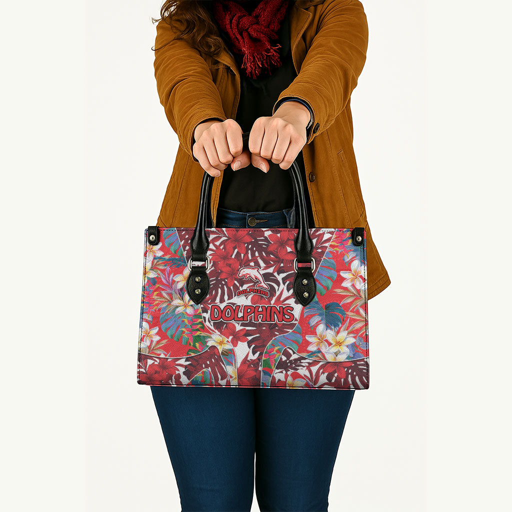 Dolphins Leather Bag Tropical Hibiscus Floral Pattern With Red And White Accents