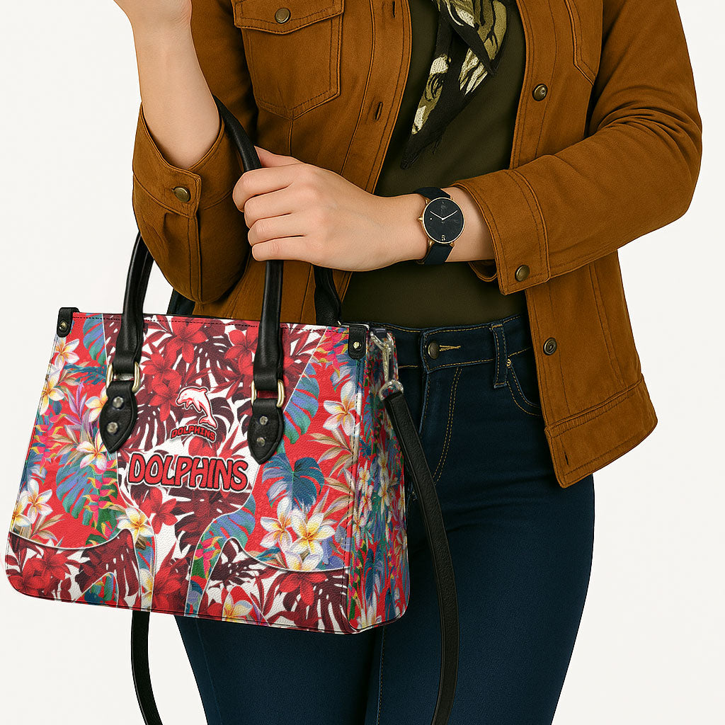Dolphins Leather Bag Tropical Hibiscus Floral Pattern With Red And White Accents