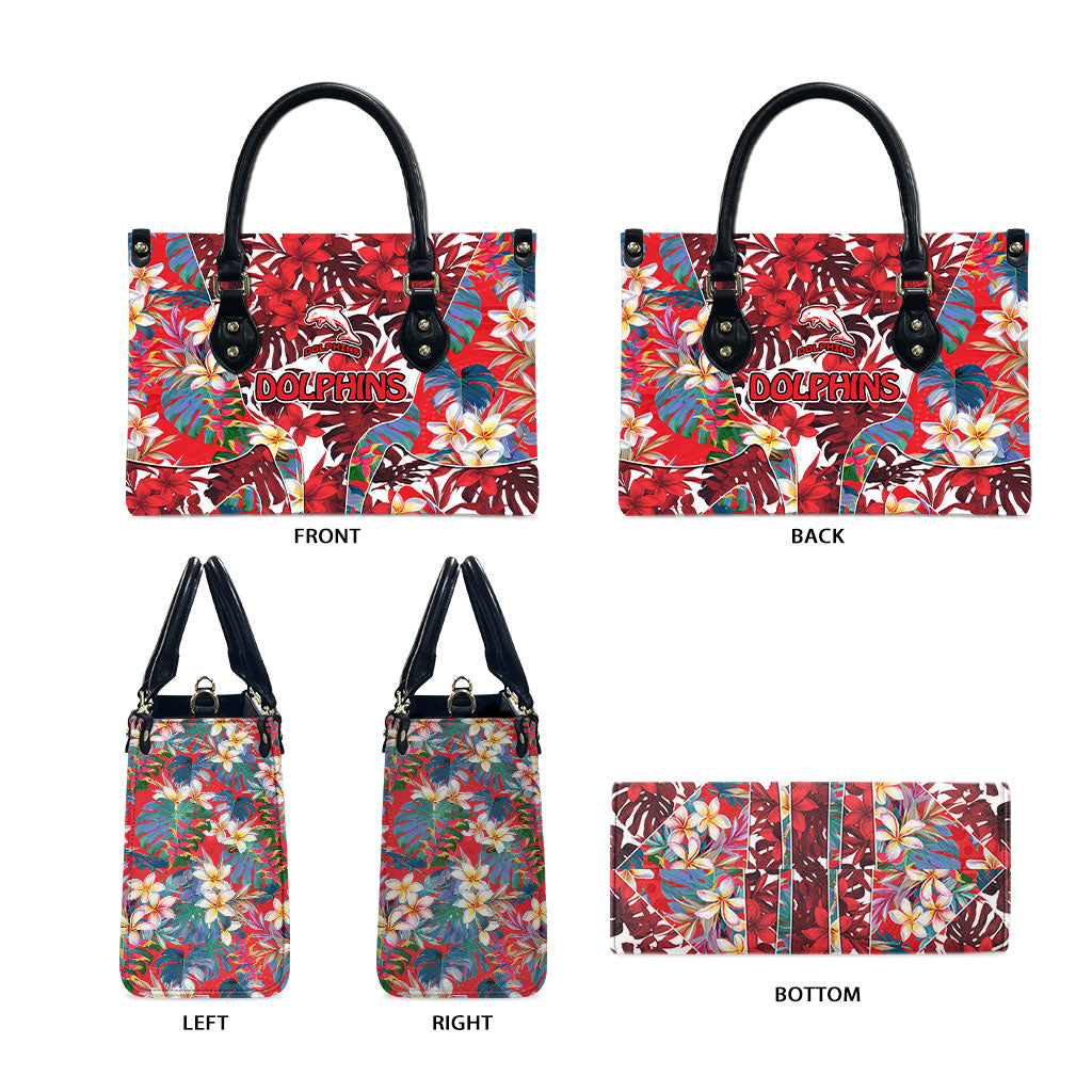 Dolphins Leather Bag Tropical Hibiscus Floral Pattern With Red And White Accents