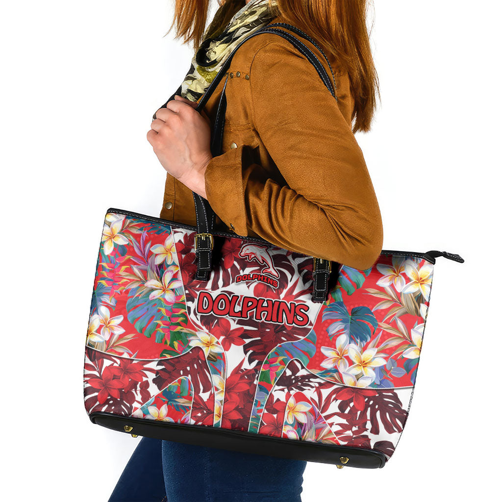 Dolphins Leather Tote Bag Tropical Hibiscus Floral Pattern With Red And White Accents