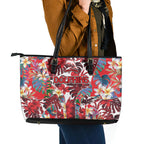 Dolphins Leather Tote Bag Tropical Hibiscus Floral Pattern With Red And White Accents