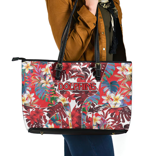 Dolphins Leather Tote Bag Tropical Hibiscus Floral Pattern With Red And White Accents