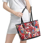 Dolphins Leather Tote Bag Tropical Hibiscus Floral Pattern With Red And White Accents