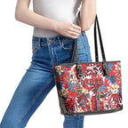 Dolphins Leather Tote Bag Tropical Hibiscus Floral Pattern With Red And White Accents
