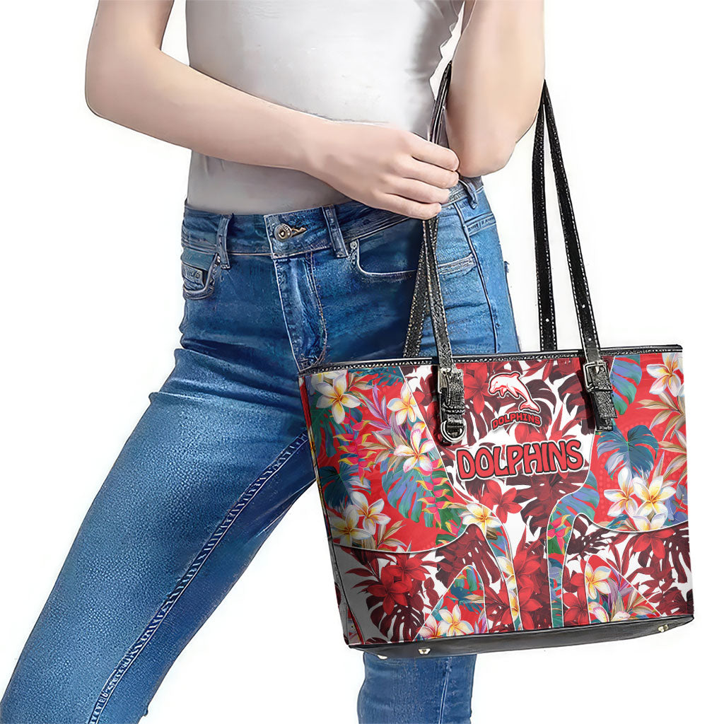 Dolphins Leather Tote Bag Tropical Hibiscus Floral Pattern With Red And White Accents