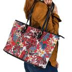 Dolphins Leather Tote Bag Tropical Hibiscus Floral Pattern With Red And White Accents