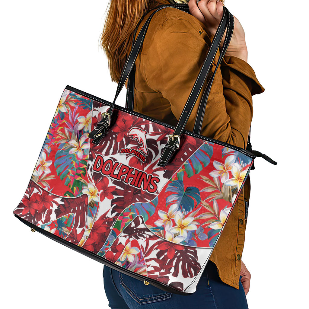 Dolphins Leather Tote Bag Tropical Hibiscus Floral Pattern With Red And White Accents