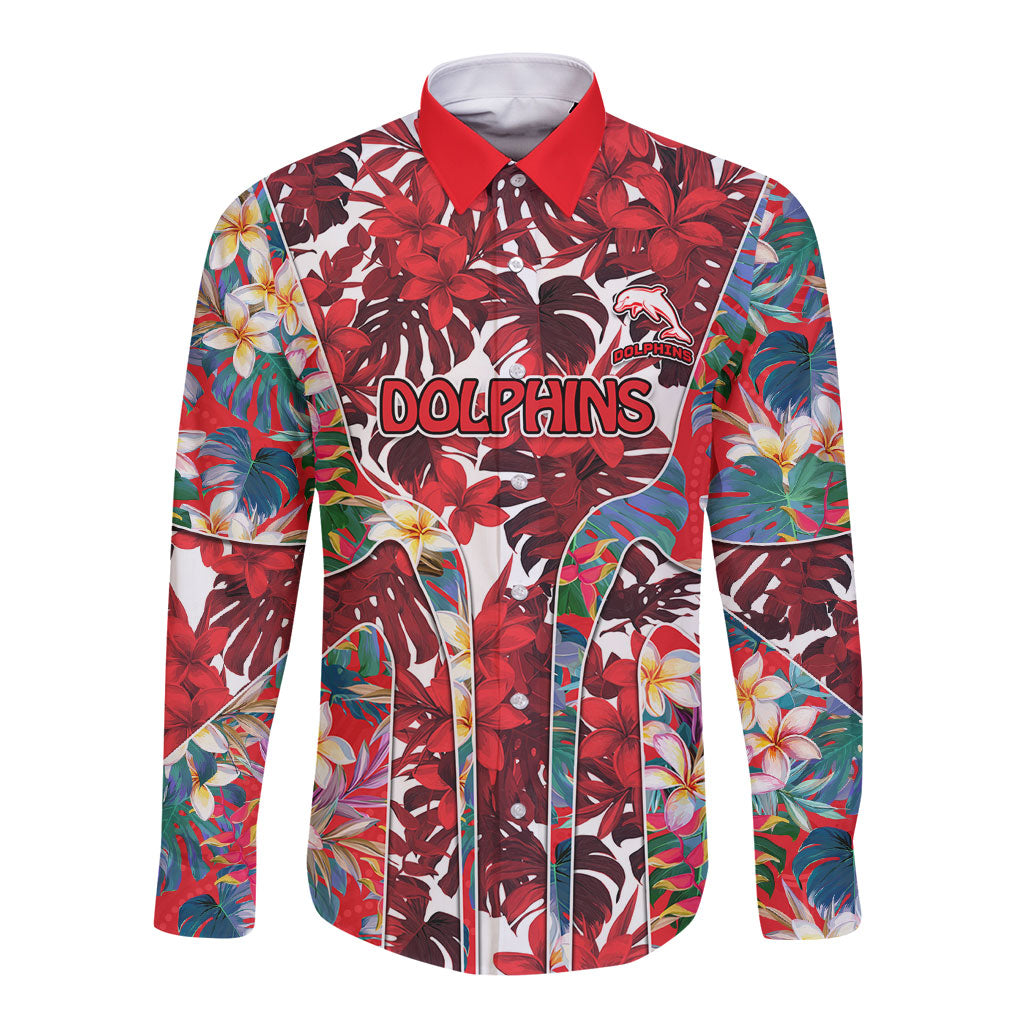 Dolphins Long Sleeve Button Shirt Tropical Hibiscus Floral Pattern With Red And White Accents