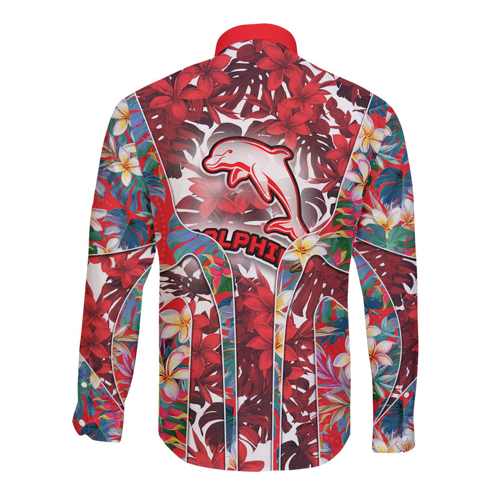 Dolphins Long Sleeve Button Shirt Tropical Hibiscus Floral Pattern With Red And White Accents