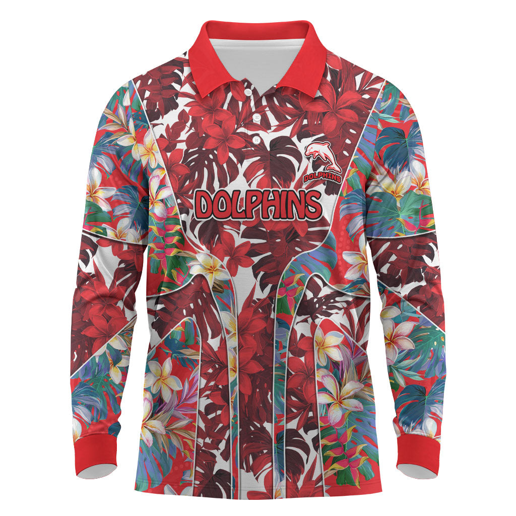 Dolphins Long Sleeve Polo Shirt Tropical Hibiscus Floral Pattern With Red And White Accents