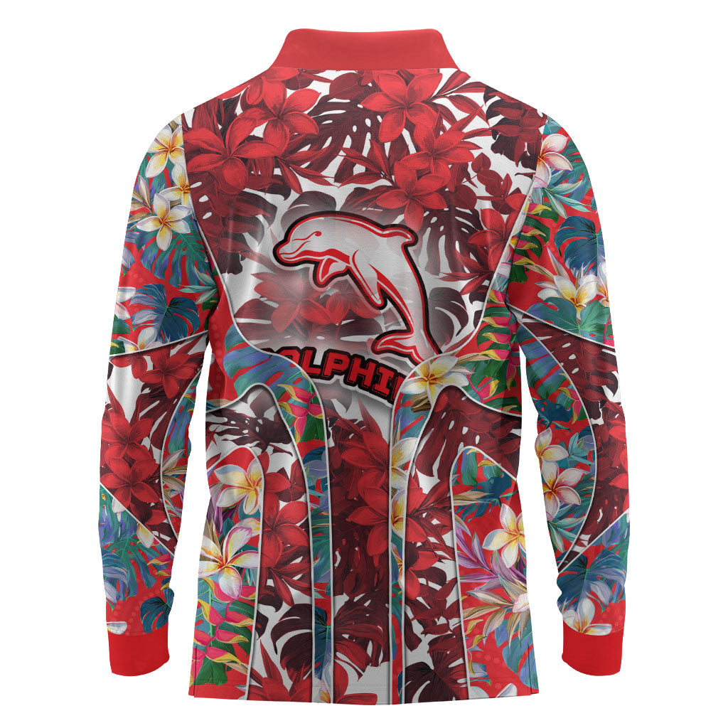 Dolphins Long Sleeve Polo Shirt Tropical Hibiscus Floral Pattern With Red And White Accents