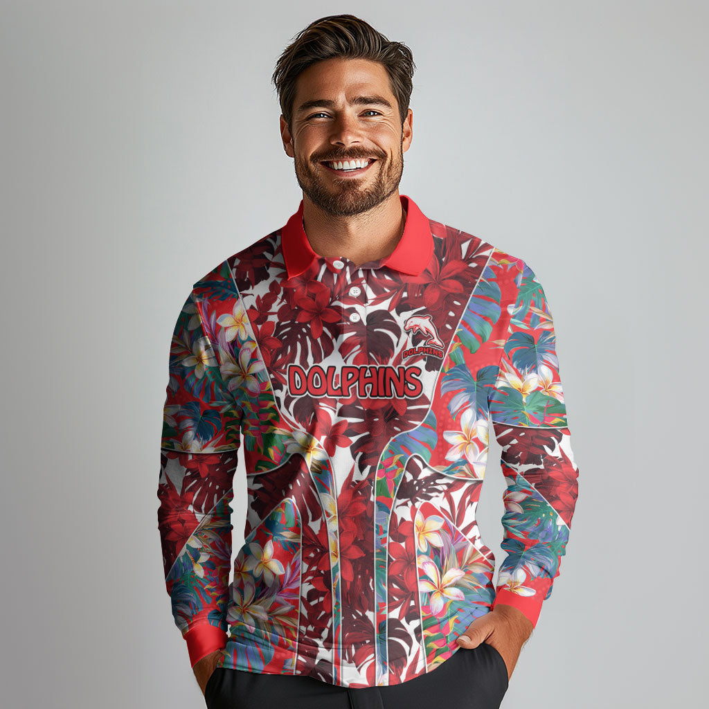 Dolphins Long Sleeve Polo Shirt Tropical Hibiscus Floral Pattern With Red And White Accents