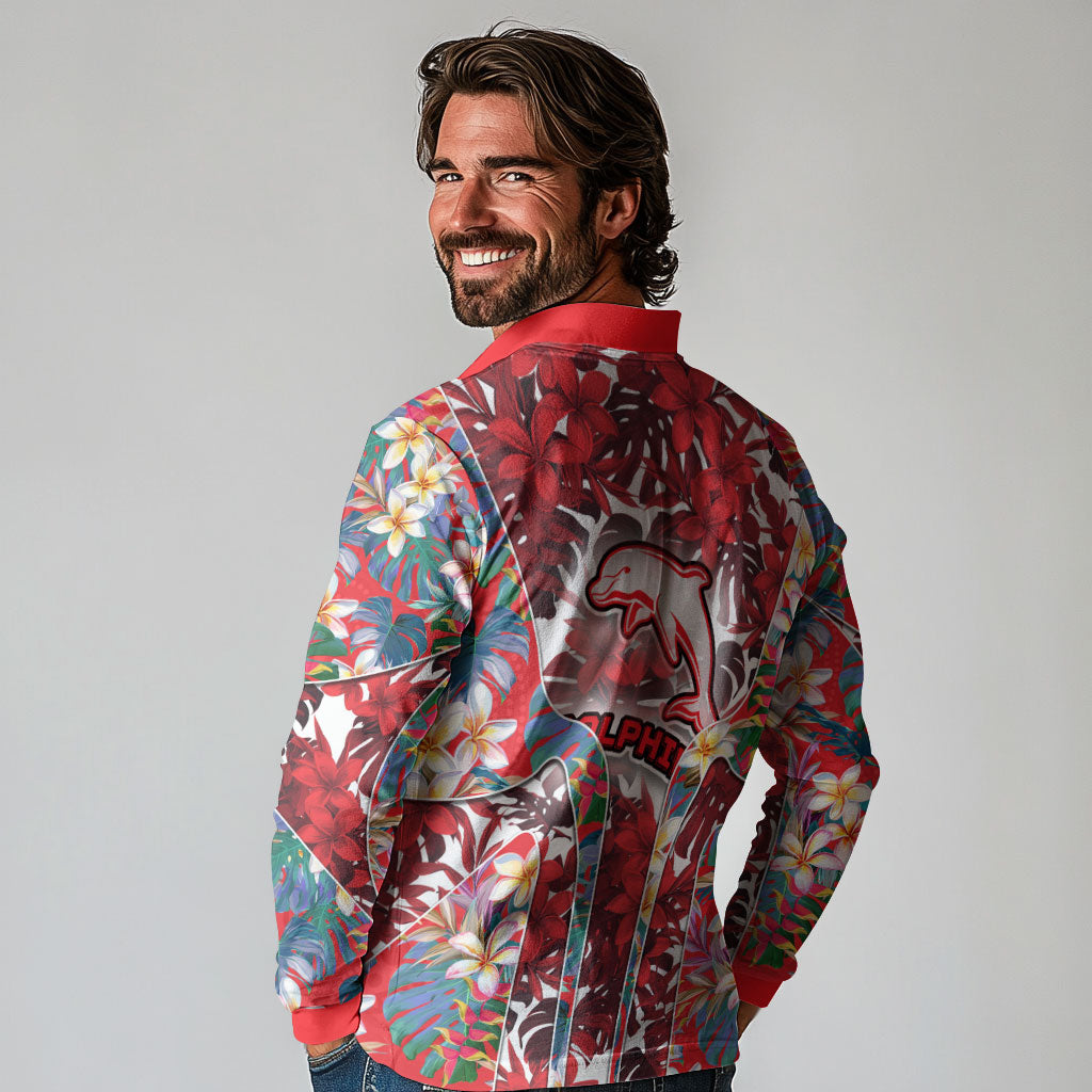 Dolphins Long Sleeve Polo Shirt Tropical Hibiscus Floral Pattern With Red And White Accents