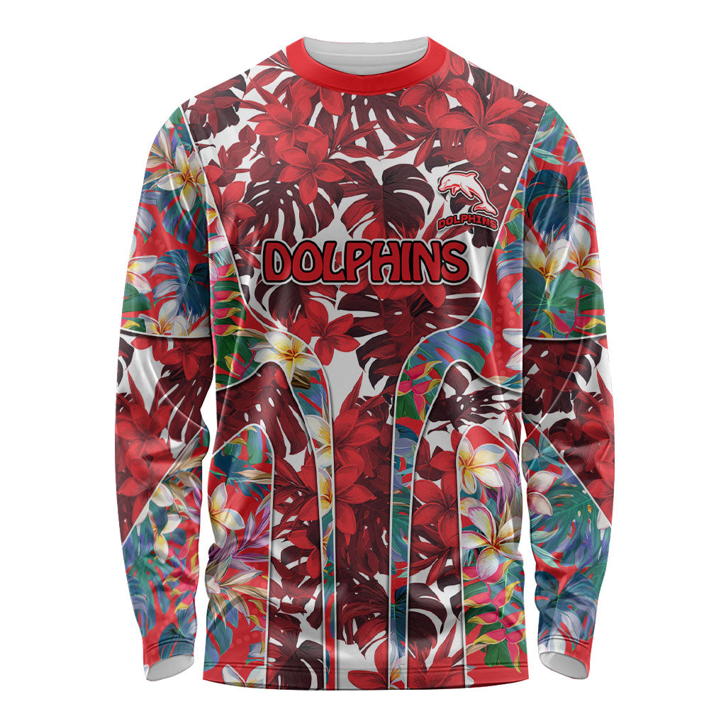 Dolphins Long Sleeve Shirt Tropical Hibiscus Floral Pattern With Red And White Accents