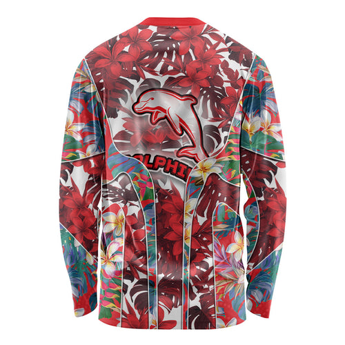 Dolphins Long Sleeve Shirt Tropical Hibiscus Floral Pattern With Red And White Accents