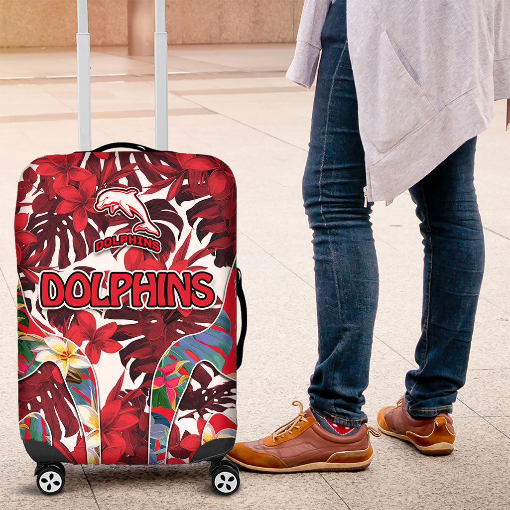 Dolphins Luggage Cover Tropical Hibiscus Floral Pattern With Red And White Accents