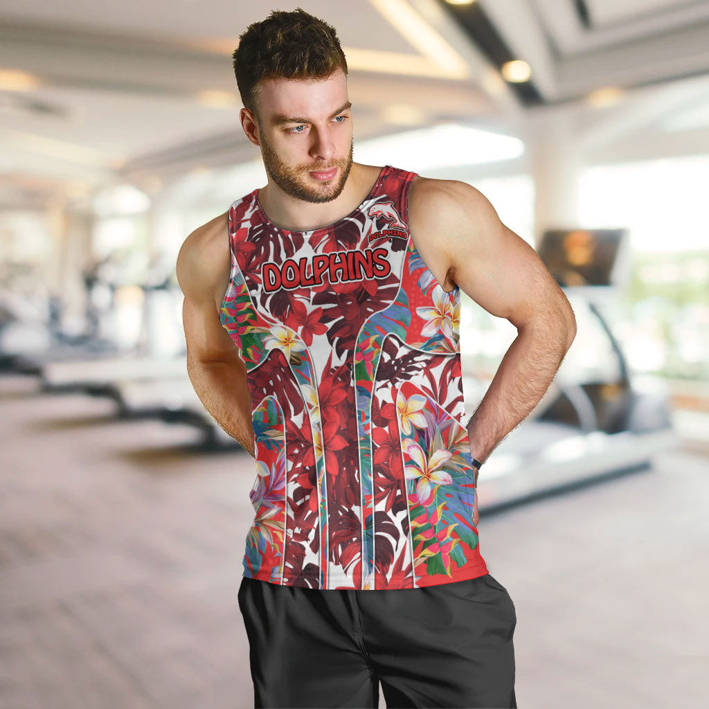 Dolphins Men Tank Top Tropical Hibiscus Floral Pattern With Red And White Accents