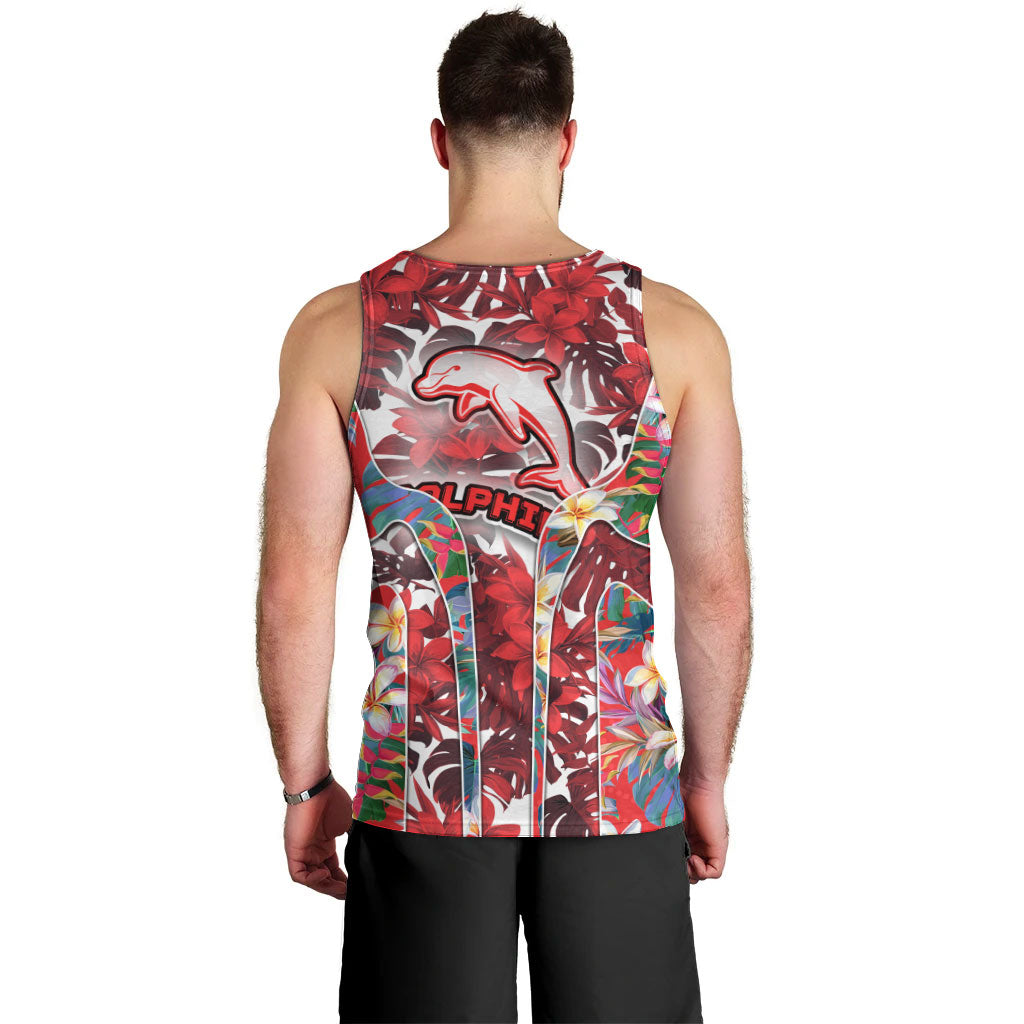 Dolphins Men Tank Top Tropical Hibiscus Floral Pattern With Red And White Accents