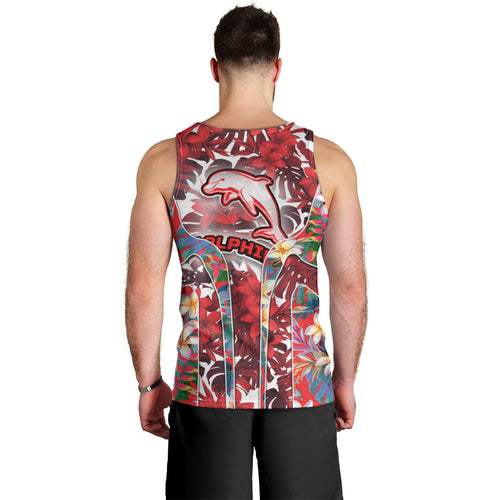 Dolphins Men Tank Top Tropical Hibiscus Floral Pattern With Red And White Accents