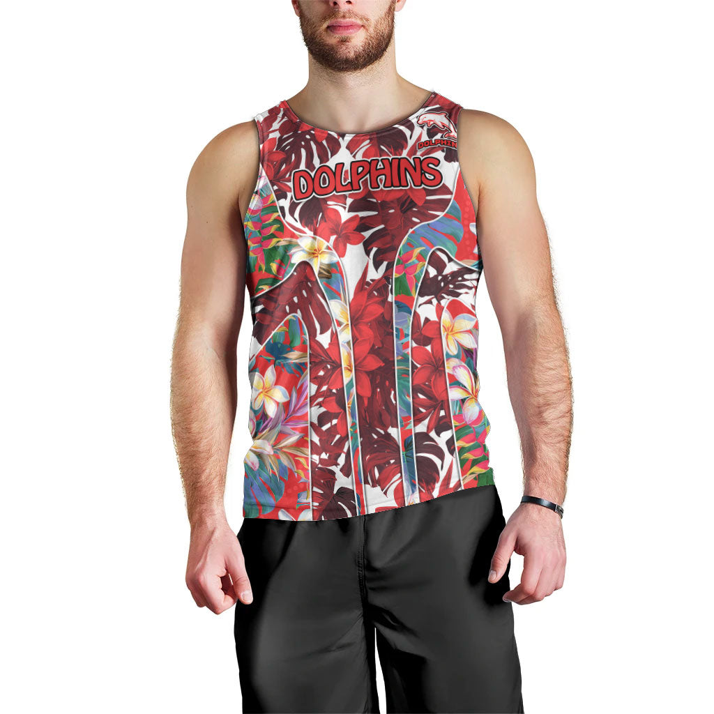 Dolphins Men Tank Top Tropical Hibiscus Floral Pattern With Red And White Accents