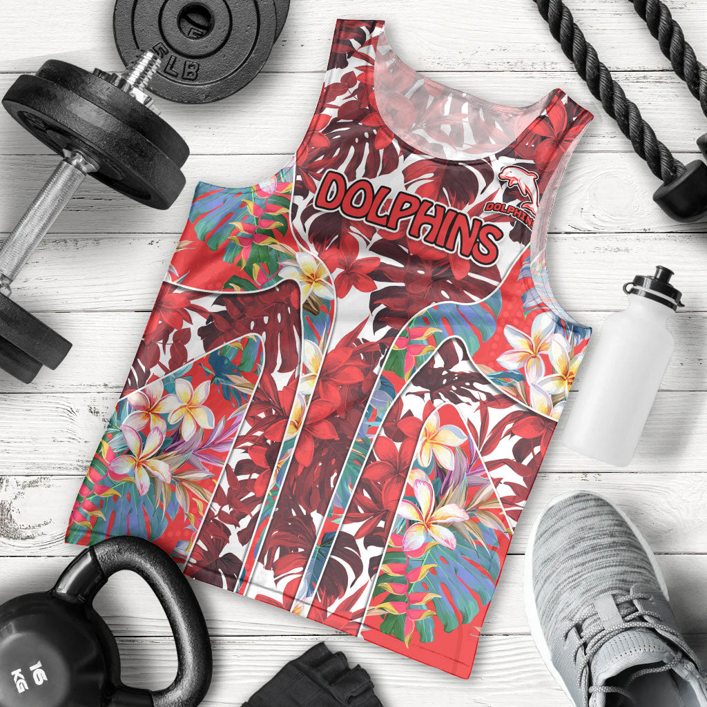 Dolphins Men Tank Top Tropical Hibiscus Floral Pattern With Red And White Accents