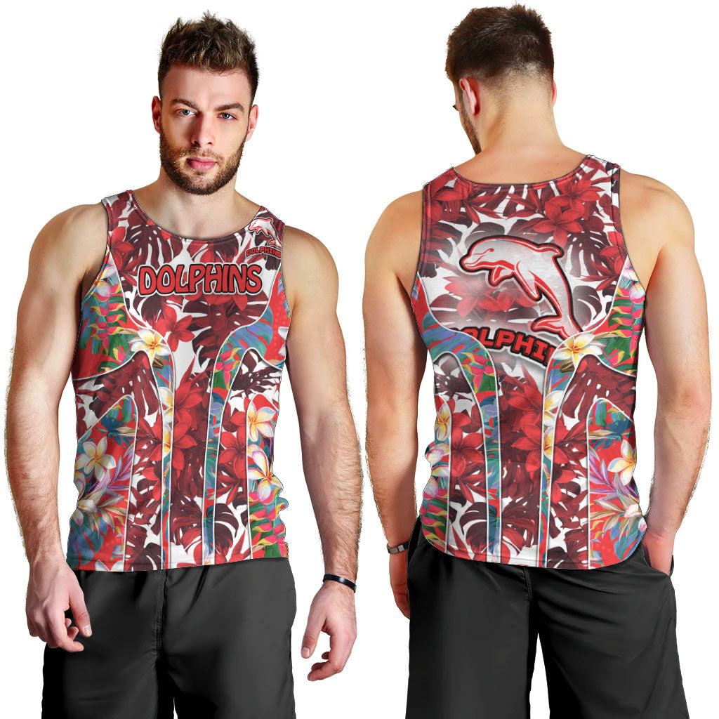 Dolphins Men Tank Top Tropical Hibiscus Floral Pattern With Red And White Accents