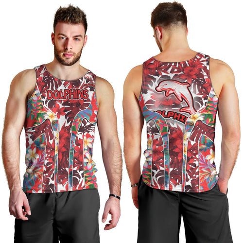 Dolphins Men Tank Top Tropical Hibiscus Floral Pattern With Red And White Accents