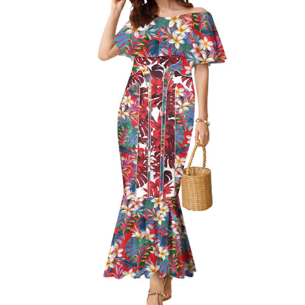 Dolphins Mermaid Dress Tropical Hibiscus Floral Pattern With Red And White Accents
