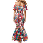 Dolphins Mermaid Dress Tropical Hibiscus Floral Pattern With Red And White Accents
