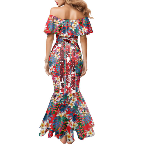 Dolphins Mermaid Dress Tropical Hibiscus Floral Pattern With Red And White Accents